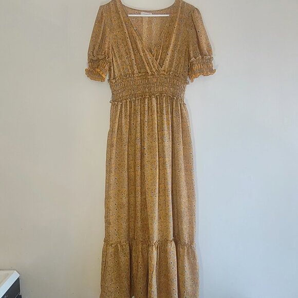 Yellow Floral Tiered Maxi Dress Puff Sleeve Ruffles Praire Cottagecore Sz Medium - Picture 1 of 8